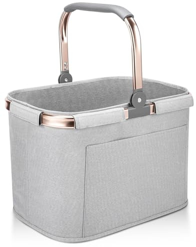 30L Einkaufskorb Faltbar Stabil Groß Tragekorb Picknickkorb Klappkorb Einkaufstasche mit Aluminiumgriff Große Einkaufskörbe(40x28x27cm) mit Stützstangen Für Reisen, Picknick, Einkaufen