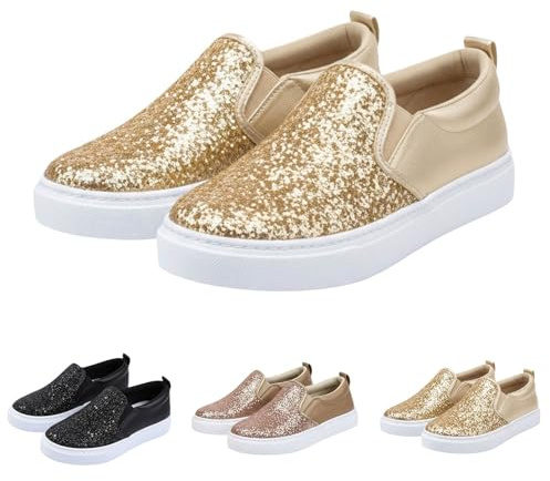 Glittersneakers, dam, paljetter, sneakers, slip-on, ventilerande, glitterskor, bröllopsfester, festskor, promenad, lätta och bekväma sportskor, utomhus, fitness, löpning, löparskor, Guld, 41 EU