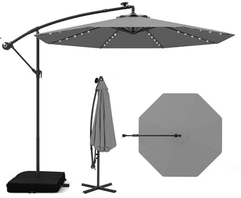 COSTWAY 350 cm parasoll med stativ och LED-lampor, trafikljus med vev, trädgårdsparasoll, UV-skydd, marknadsparaply för trädgård, pool, terrass, grå