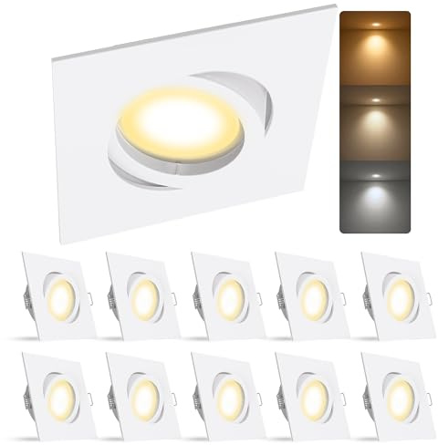 linovum 10 Stück LED Einbaustrahler 230V - mit 6W GU10 drei einstellbaren Lichtfarben 3CCT - Einbauspots eckig weiß schwenkbar