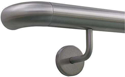 TIBU Handlauf Edelstahl 33,7 mm Geländer 0,3m - 6m, Länge 200 cm, Ende Bogen zur Wand und gewinkelte Halter