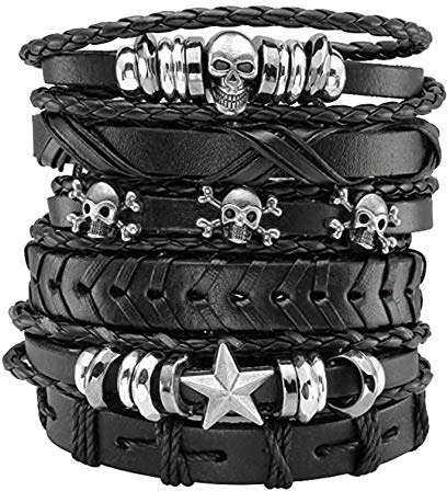 JJDreams 6PCS Punk Armband Herren Armbänder Set Schwarz lederarmband Gothic Geflochtene Armreif Leder