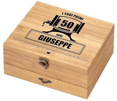 Maverton Accessori da vino La Dedica, Kit da Sommelier Personalizzato | Scatola in legno di bambù + 8 pezzi di Accessori Vino, regalo uomo, regalo di Natale, Anni