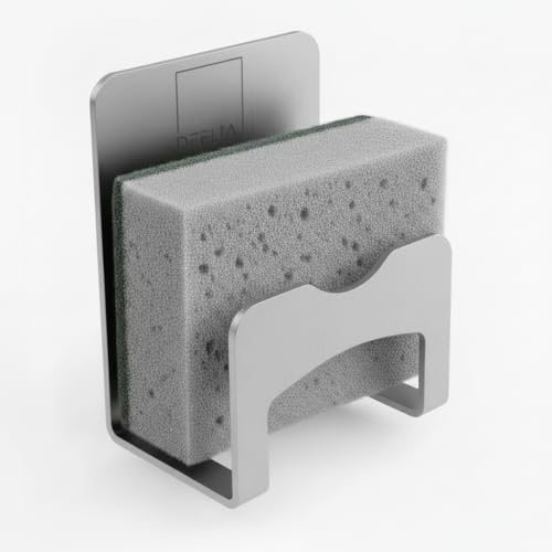 DEELIA® Schwammhalter Küche | Spezielles Klebepad für einen festen Halt ohne Bohren | Spülschwamm Halterung und Spülbecken Organizer (Edelstahl Gebürstet)