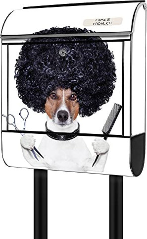banjado® Briefkasten mit Standfuß personalisierbar Motiv Friseur Jack Russel - Stand Briefkasten mit Zeitungsfach pulverbeschichtet aus Stahl schwarz - Postkasten A4 Einwurf inkl. 2 Schlüssel