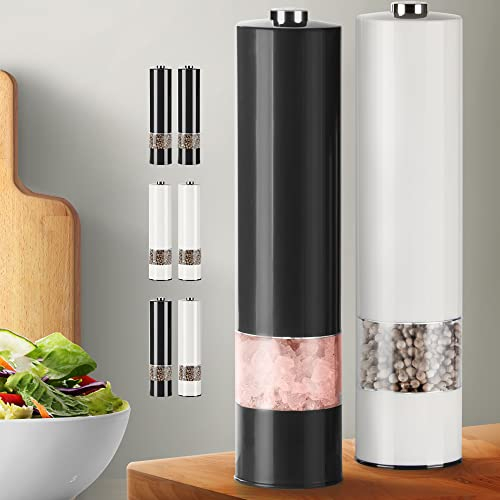Molinillo Eléctrico para Sal Y 2PCS Pepper Grinder Tosquedad Ajustable Juego de molinillo de sal y Molinillos de pimienta Con luz LED Molinillos de Sal y Pimienta Operación con una mano (Blanco&Negro)