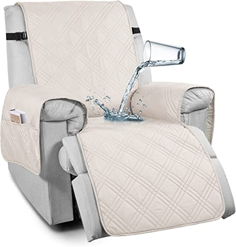 100% Wasserdichter Sesselschoner, Sesselschutz für Relaxsessel, Anti-rutsch Sesselüberwürfe Ohrensessel, 1-Sitzer Sofaüberwurf mit Tasche, Sesselbezug für Fernsehsessel (Beige,Relax 58cm)