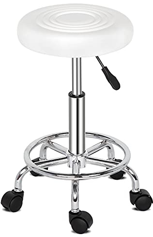TactFire Sgabello Girevole con Ruote,Altezza in pelle PU Regolabile Sedia da lavoro,Sgabello da Lavoro per Studio Ufficio Salone di Bellezza (Bianco)