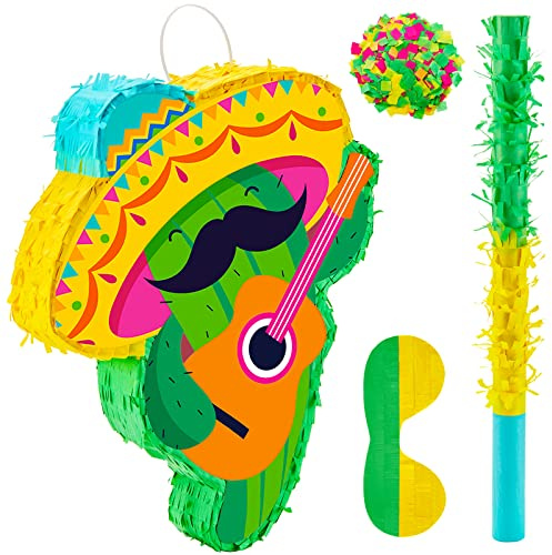 Lewtemi Cactus Piñata Mini Sombrero Party Hats Mexican Fiesta Decorations with Piñata Stick Blindfold Confetti Set, 16.1 x 13 x 3 Inch