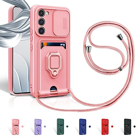 Aithne Case für Samsung Galaxy S20 FE 4G / S20 FE 5G Handykette Hüll,Slide kameraschutz,Silikon Handyhülle zum Umhängen Kette,360 Grad Ringhalter Stand Kartenfach-Pink