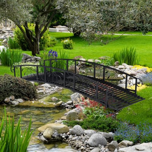 Sangsan Garden Bridges for Outdoors - 8ft Garden Bridge, Outdoor Metal Bridge with Siderails, Easy Assembly, Dark Blonde