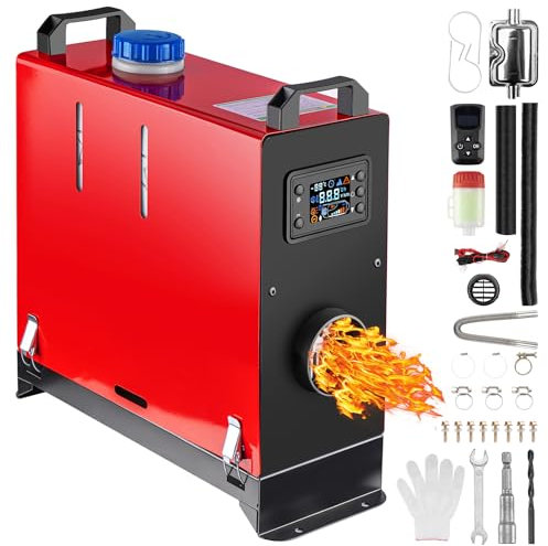 Redriver Standheizung Diesel, 12V/24V Lufterhitzer, 0.1-0.25L/h,Air Diesel Heizung mit Schalldämpfer, LCD Schalter u. Fernbedienung für Auto RV Boote LKW KFZ PKW Wohnmobil (Rot, 5KW)