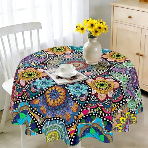 iEvery Tischdecke Abwaschbar Rund 150 Tischdecke Boho Style für Draußen Runde Gartentischdecke Mandala Outdoor Table Cloth Wetterfest für Garten Küche Gartentisch Esstisch Party