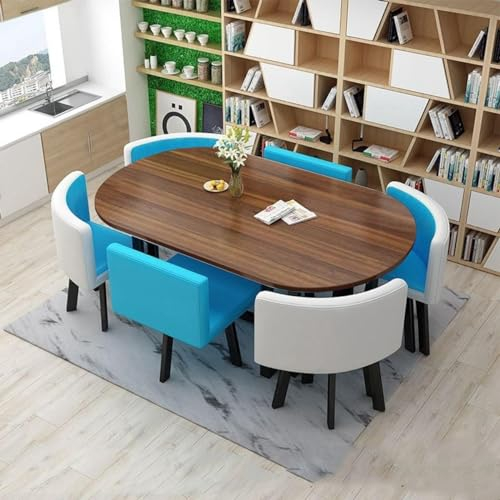 Set aus Esstisch mit 6 Stühle,Esszimmergruppe for Küche Esszimmer Büro,Oval Küchentisch Konferenztisch,Holztisch und 6 Stück PU-Leder-Esszimmerstühle (Color : Blau)