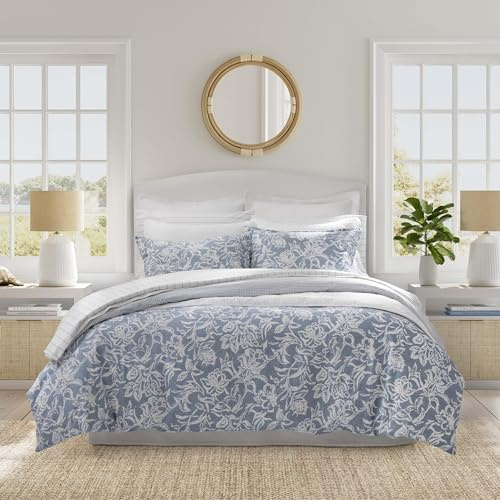 Nautica - King Duvet Cover Set, Reversible Cotton Bedding with Matching Shams, Elegant Floral Bedding Set (Tortola Blue, King)