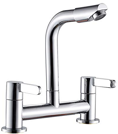 Generic 2 Hole Kitchen Faucet 360° Swivel Spout Dual Lever Sink Mixer Tap with UK Standard Fittings Deck Mounted Kitchen Taps Cold and Hot Mixer Tap Sink Tap 1/4 Turn (Silver)