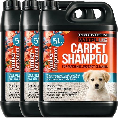 Pro-Kleen MAXPLUS Carpet Shampoo Cleaner – Premium Formula to Remove Dirt, Stains & Marks – Removes Pet Deposits & Odours – Suitable for all Machines (Amber & Bergamot Fragrance, 3 x 5 Litres)