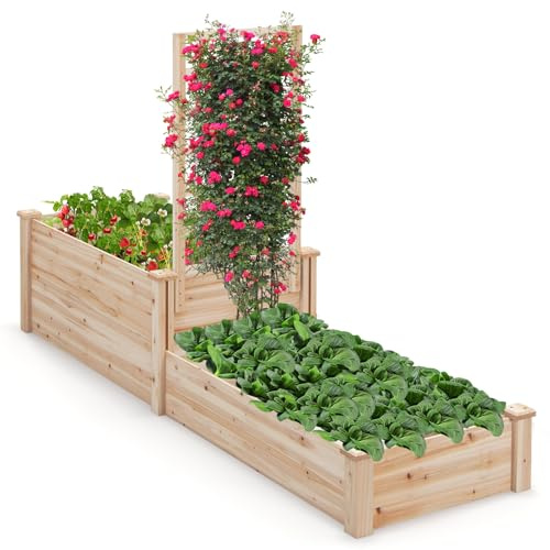 HOMASIS Blumenkasten mit Rankgitter, Hochbeet mit Spalier, Pflanzenkasten Holz, Blumenbeet mit Rankhilfer, Gartenspalier für Kletterpflanzen, Rankkasten für Balkon Garten (Natur, 223x64x134cm)