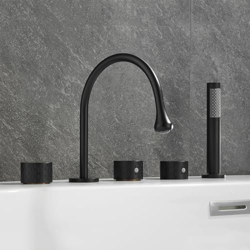 XJTNLB Rubinetto Vasca 5 Fori Rubinetto per Vasca con Doccetta Doppia Manopole Rotazione a 360° Miscelatore Doccia con Deviatore Nero