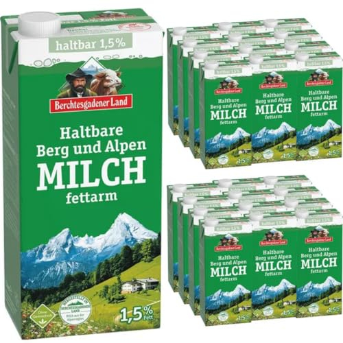 Milch Berchtesgadener Alpenmilch Land H-Milch 1,5% Fett Haltbare Milch Bergbauern-Milch, je 1 Liter, 24 Stück+ pufai