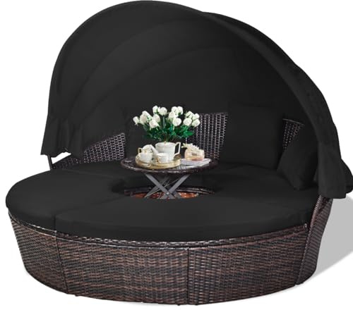 LIFEZEAL Rattan Sonneninsel mit Sonnendach, Gartenliege Sonnenliege mit Kissen, 5-teiliges Lounge Set mit faltbarem Regencover, Gartenlounge Terrassenmöbel bis zu 360 kg (Schwarz, 185 x 185 x 142 cm)