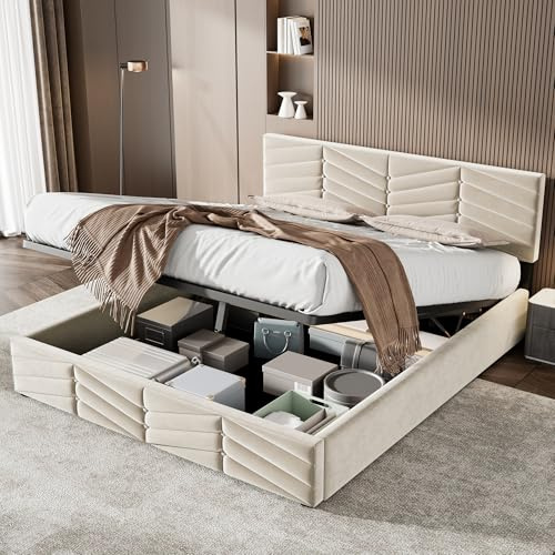 Lexiou 180 x 200cm, Polsterbett,Doppelbett,hydraulisches Funktionsbett,Samt,Streifen-Stil,Continentalbett,höhenverstellbares Kopfteil (beige)
