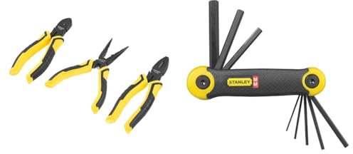 STANLEY STHT0-75094 3 Piece Control Grip Plier Set, Grip/Combination/Long Nose, Black/Yellow, 29.4894 cm*3.5052 cm*17.5006 cm & Metic Folding Hex Key Set Pocket Size (8 Pieces) 2-69-264, Pack of 1