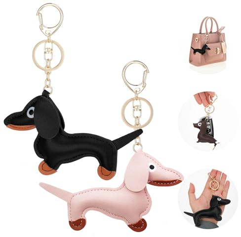 EnixwH 2 SchlüSselanhäNger Dackel Deko, SchlüSselanhäNger Hund, Dackel Anhänger, SüßE Welpe Hundetasche AnhäNger Leder GlüCksbringer Dackel Keychain Geschenke für Frauen MäNner Kinder SchlüSselring