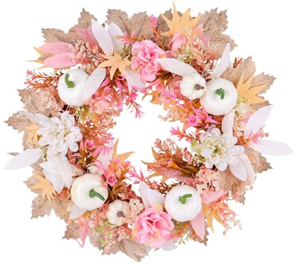Autumn Wreath for Front Door, 40cm Pink Artificial Halloween Wreath with Pumpkin and Maple Leaves, Harvest Fall Garland Door Ornaments for Thanksgiving Halloween Christmas Autumn Wall Decoration