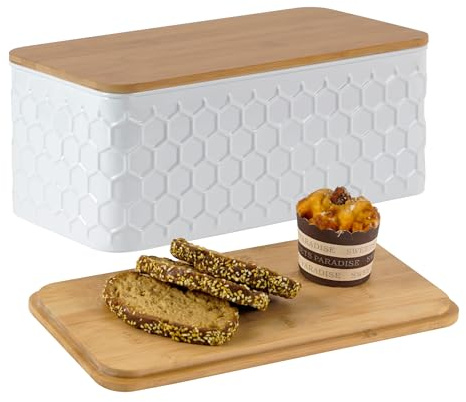 HOME PALETTE Large Bread Box for Kitchen Countertop Corner Breadbox for Homemade Bread Metal White Honeycomb Pattern Embossed Bread Storage Container Bin with Bamboo Lid