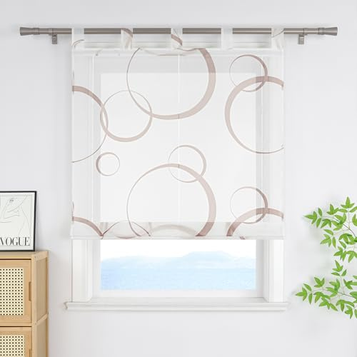 ESLIR Raffrollo mit Schlaufen Modern mit buntes Blasenmuster Raffgardinen Transparent Bändchenrollo für Fenster Voile Schlaufenrollo Wohnzimmer Braun BxH 80x150 cm 1 Stück