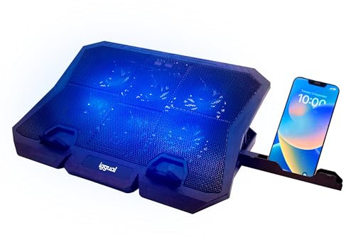iggual – Base Refrigeradora Portátil de hasta 17” con 6 Ventiladores Silenciosos y Soporte para Móvil, Base Ajustable con 7 Alturas y Luz LED Azul, Incluye Cable USB-A (RP6V17)