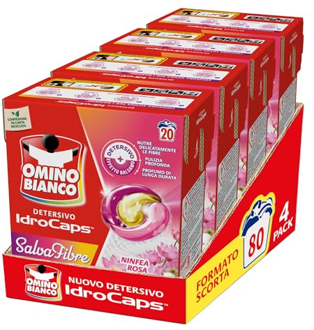 Omino Bianco Idrocaps - Detersivo Lavatrice in Capsule Salva Fibre, 80 Lavaggi, Efficace a Basse Temperature, Profumo Ninfea Rosa, 20 Caps x 4 Confezioni | Elimina il calcare, protegge con lo scudo antigoccia e asciuga rapidamente lasciando superfici brillanti senza aloni.