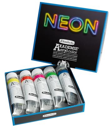 Schmincke – AKADEMIE® Acryl color, Neonfarben-Set, 76 778 097, 5 leuchtende Acrylfarben in Neonfarben, 60 ml Tuben im Kartonset