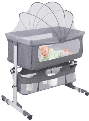 WODFARR Beistellwiege, Matratze und Moskitonetz, Cododo-Babybett für Babys von 0 bis 36 Monaten, Babypflege, 92 x 58 x 70-87 cm, Grau