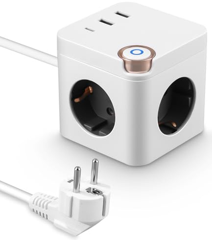 6-in-1 Steckdosenwürfel mit 3 USB, Typ-C und 1,5 m Kabel, Weiß | Mit 3 Steckdosen, 3 USB-A und 1 USB-C. Ideal für Zuhause, Büro und Reisen. Kompakt und platzsparend