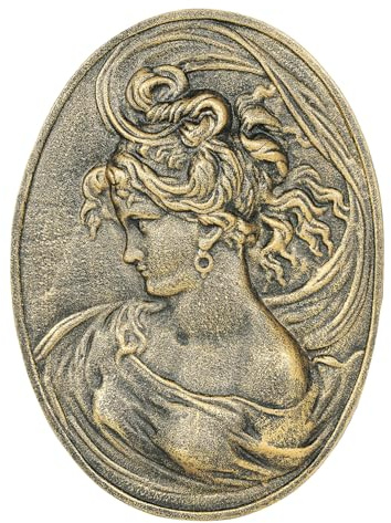 Sungmor Vintage Cast Iron Wall Art Décor – Oval-shaped Ornate Classical Woman Relief Plaque, Decorative Wall Ornament Antique Sculpture for Home or Garden – Rustic Gold Finish