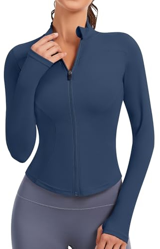 JoyGirl Womens Running Jacket Long Sleeve Cropped Workout Yoga Sport Tops Lightweight Athletic Zip Up Gym T-Shirt with Thumb Holes (Dark Blue, S)