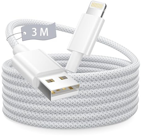 Cable iPhone Charge Rapide 3M, [Certifié MFi] Blanc Nylon Tressé Cable USB vers Lightning pour Apple Chargeur Câble Fil Lightning pour iPhone 14 13 12 11 Pro X 8 Plus 7 6 Mini/iPad/AirPods
