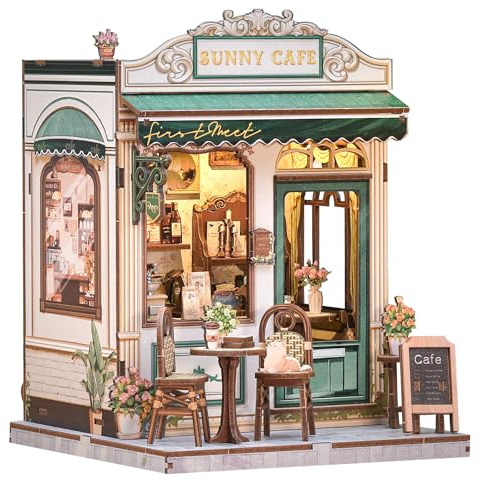 Kit Book Nook – Café Miniatur Bausatz 3D Holz Puzzle Erwachsene | Miniatur-Café im Vintage-Design – 233 Teile, LED-Licht, Staubschutz. Ein dekorativer Book Nook fürs Regal（Sunny Cafe ）