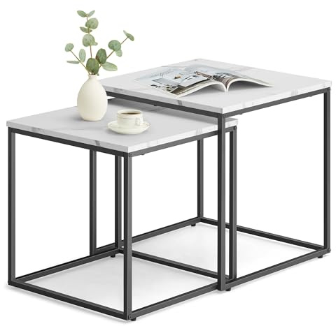 FORTENA Set mit 2 Couchtischen Beistelltisch Wohnzimmertisch Schwarz oder Gold Metall Quadratisch (Marmor – Schwarze Tischbeine)