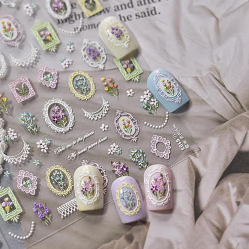 CharmeFleur 2 Blätter Vintage Blumen Rahmen Nagelaufkleber 5D Relief Blumen Nageldesigns 3D Selbstklebende Gänseblümchen Nägel Zubehör Tulpenstrauß Nagelbilder Sommer Nagelkunst