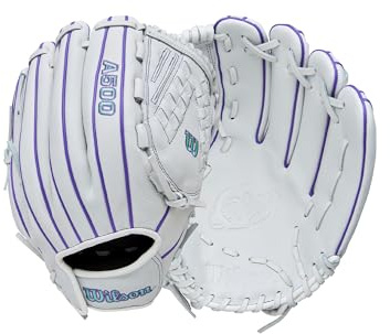 Wilson 2026 A500 Siren - Guanto da softball Fastpitch da 31,8 cm, mano destra, bianco/viola/schiuma marina
