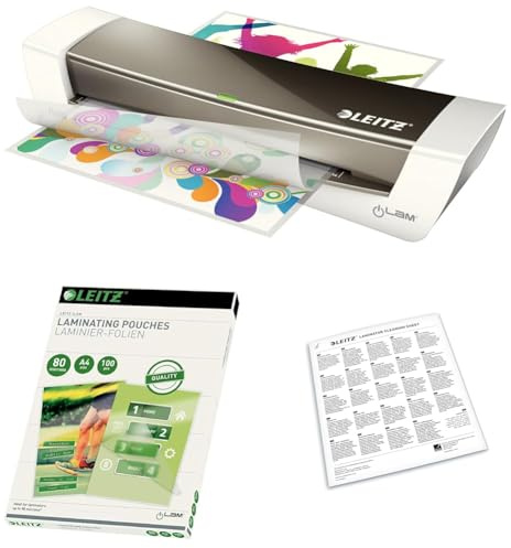Leitz iLAM Set A4 Laminiergerät, Für 80 bis 125 mic Laminierfolien, 73680089 +Heißlaminierfolien A4 80 mic im 100er Pack, 33818 + Premium A3/A4-Reinigungsblätter für Laminiergeräte 5er-Pack, 72550000
