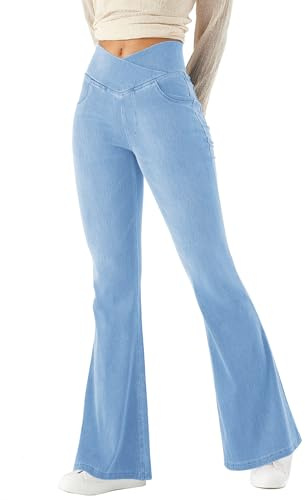 LaiEr Women Bootcut Jeans V Crossover High Waist Pull on Tummy Control Casual Fitness Skinny Yoga Pants,Denim Highly Elasticity Soft Fabric,Flared Fitness Trousers with Side Pockets.