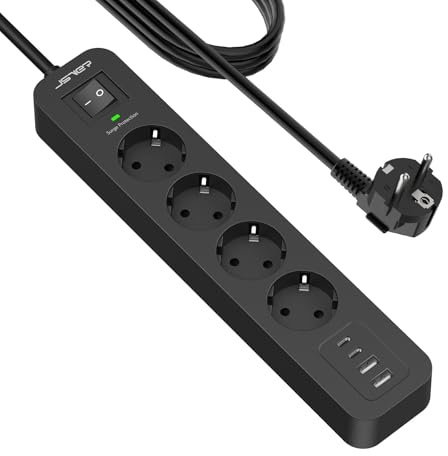 JSVER USB-överspänningsskydd med 4 eluttag och 4 USB-portar (5 V3,4A) intelligent laddningsstation förlängningsuttag med 4 m – svart