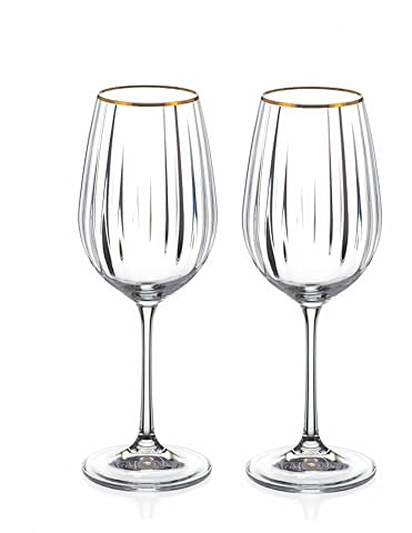 DIAMANTE Crystal Wine Glasses with Gold Rim, Mirage Gold, Optical Wave Pattern, 350ml, Set of 2