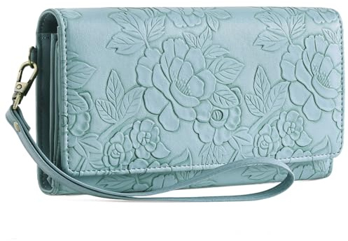 GAEKEAO Geldbörse Damen mit Blumenprägung, PU-Leder Portemonnaie Gross, Dreifach Gefaltete Geldbeutel mit Abnehmbare Handgelenk, Großkapazitänische Damen Handgelenktasche mit RFID-Schutz, Clutch