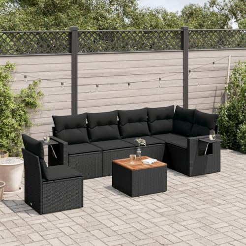 IBUQDDV Set di 7 divani da giardino con cuscino in polyrattan nero, design modulare con rivestimenti rimovibili e pratici ripiani pieghevoli, stabile tavolo in legno di acacia