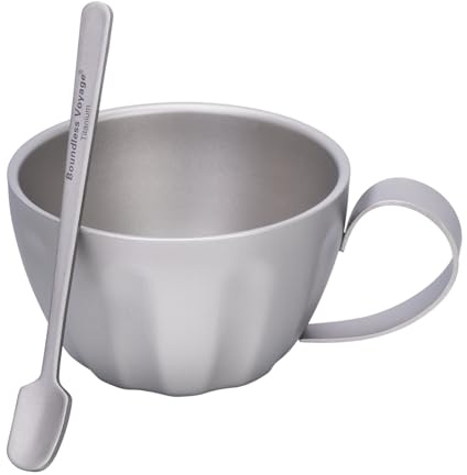 Boundless Voyage 120ml Titanium Espresso Camping Mug Double Wall Coffee Cup with Spoon and Fixed Handle for Home Barista, Office, Travel & Home Used Ti-3088D (Titanium Color)